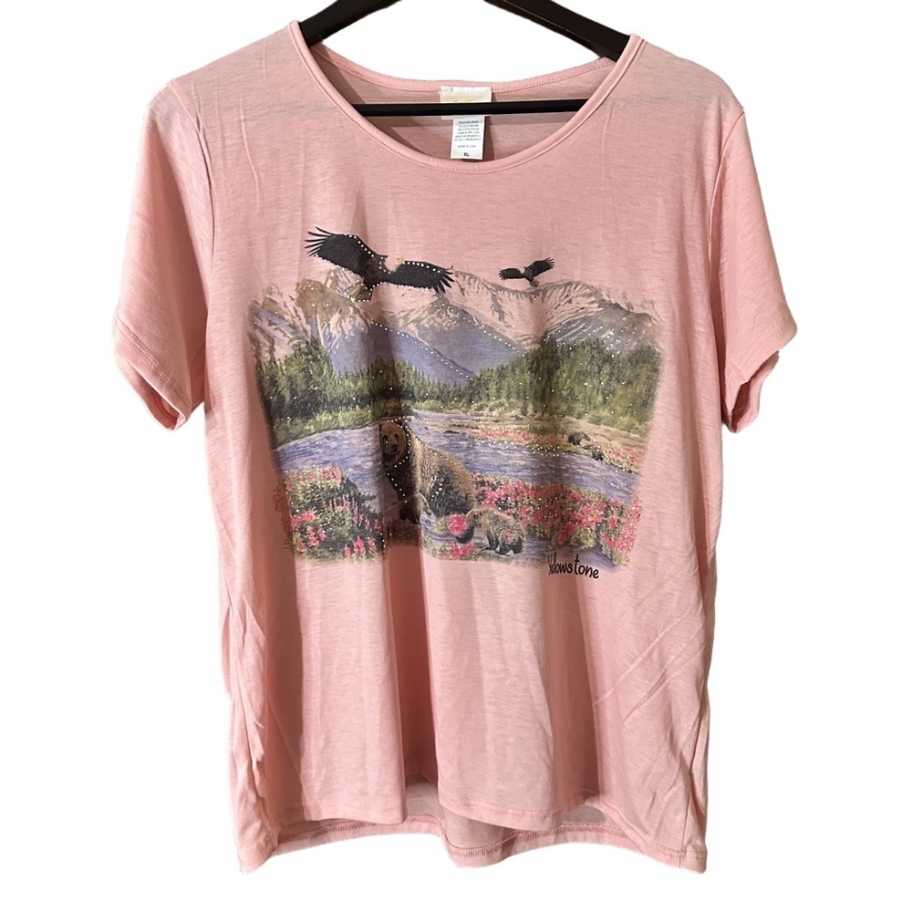 Sunshirt Coral Pink Nature Bears Yellowstone Rhinestone Graphic T-Shirt Sz XL